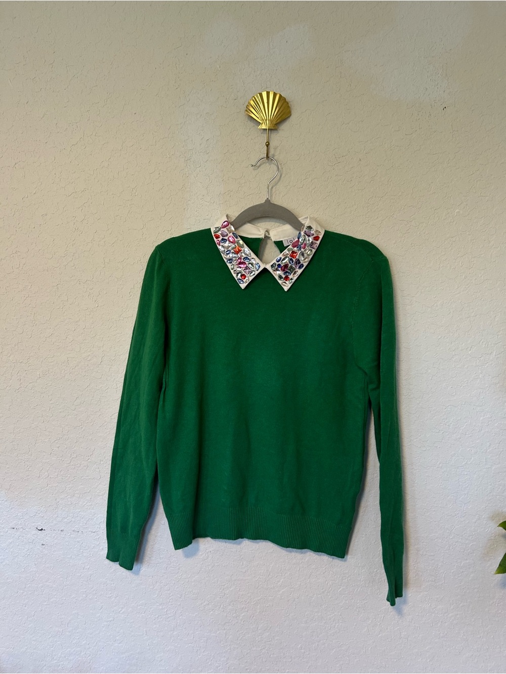 lola Green Crewneck Sweater with Jeweled Collar Party Top Maximalist M-L - Picture 2 of 8